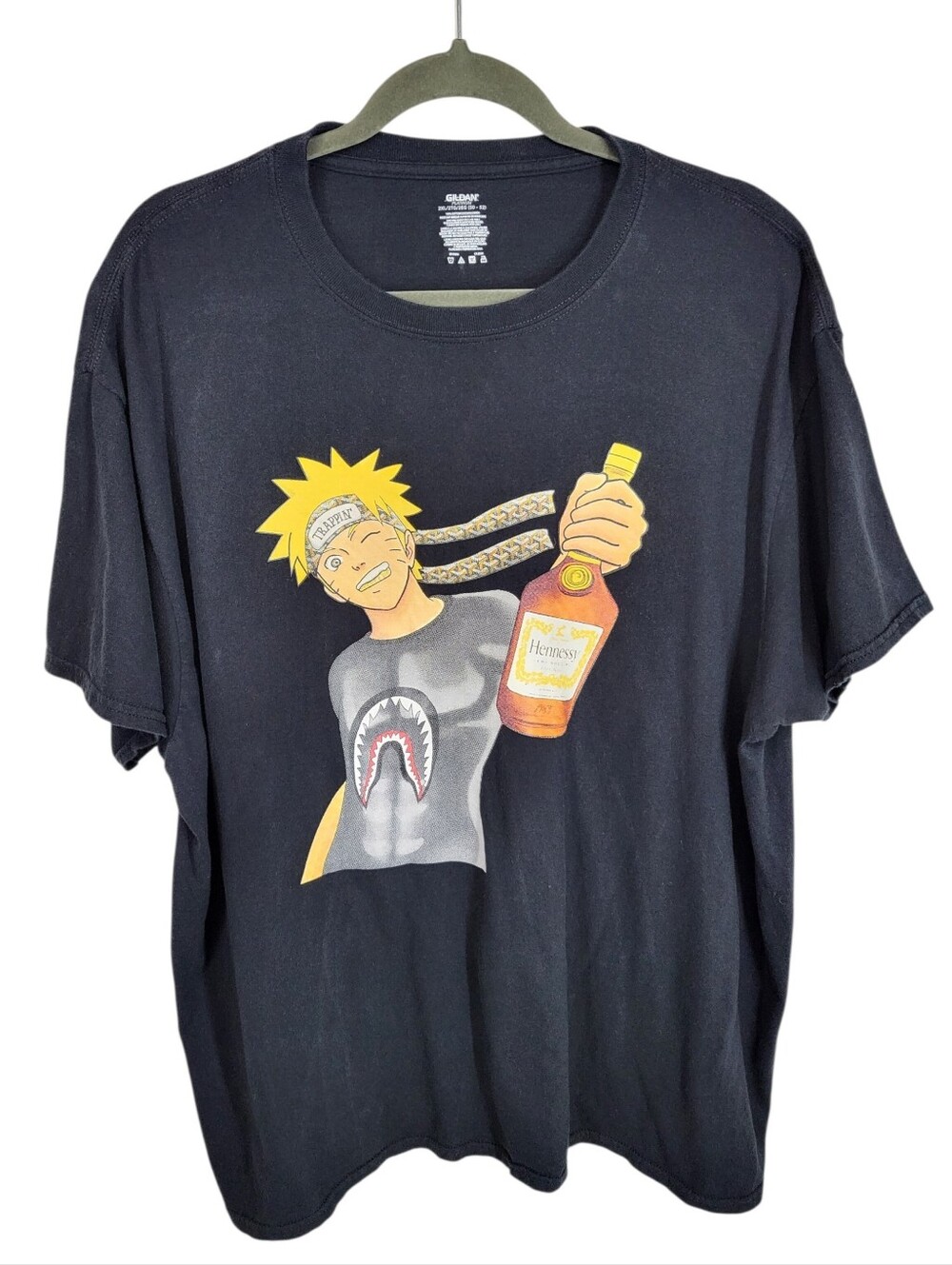Gildan Black Bootleg Naruto Trappin Hennessy Bottle Graphic T-Shirt Anime Sz 2XL